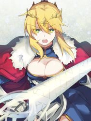 Rule 34 | 1girl, armor, armored dress, artoria pendragon (all), artoria pendragon (fate), artoria pendragon (lancer) (fate), blonde hair, blush, braid, breasts, cape, cleavage, cleavage cutout, clothing cutout, crown, dress, fate/grand order, fate (series), french braid, gloves, green eyes, holding, holding weapon, lance, large breasts, long hair, looking at viewer, nikame, no bra, polearm, saber (fate), shiny clothes, sky, smile, upper body, weapon