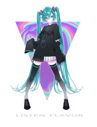Rule 34 | 1055, 1girl, absurdres, aqua eyes, aqua hair, black footwear, black shirt, black skirt, black thighhighs, blue eyes, closed mouth, clothes writing, clothing cutout, cross-laced footwear, english text, frown, full body, hair between eyes, hair ornament, hatsune miku, highres, legs apart, long hair, long sleeves, looking at viewer, miniskirt, necktie print, pigeon-toed, pleated skirt, print thighhighs, shirt, shoes, skirt, sleeves past fingers, sleeves past wrists, sneakers, solo, standing, t-shirt, thighhighs, triangle, twintails, two-tone skirt, unzipped, very long hair, vocaloid, white background, wide sleeves, zettai ryouiki