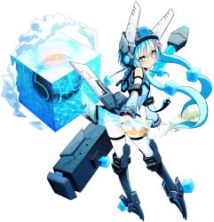 Rule 34 | 1girl, absurdres, asphe, ball, blue hair, blue theme, cloud, cosmic break, cove, cube, desert, flat chest, floating, floating object, floating screen, gate, hair bobbles, hair ornament, headgear, highres, holographic interface, hood, hoodie, long hair, mecha musume, multicolored eyes, necktie, official art, orb, pleated skirt, ruins, simple background, skirt, solo, wakaba sprout, wall, water, weather, white background