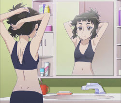 Rule 34 | armpits, arms behind head, arms up, back, bare stomach, belly, freckles, highres, midriff, mirror, navel, oshiete! galko-chan, otako (galko), petite, screencap, sports bra, stomach, sweat, tagme