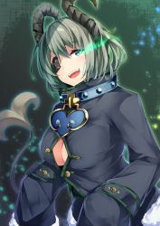 Rule 34 | 1girl, nanashi inc., blue eyes, blush, breasts, buttons, cleavage, coat, collar, commentary, cowboy shot, curled horns, demon girl, demon horns, demon tail, eyepatch, fur trim, glowing, glowing eye, green hair, highres, honey strap, horns, irohara, large breasts, looking at viewer, open mouth, sekishiro mico, short hair, sleeves past fingers, sleeves past wrists, smile, solo, tail, unbuttoned, virtual youtuber