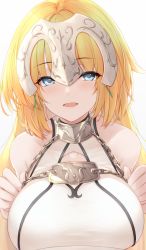 Rule 34 | 1girl, armor, armored dress, blonde hair, blue eyes, blush, breasts, chain, collar, dress, fate/apocrypha, fate/grand order, fate (series), headpiece, highres, jeanne d&#039;arc (fate), jeanne d&#039;arc (ruler) (fate), jeanne d&#039;arc (third ascension) (fate), large breasts, long hair, looking at viewer, metal collar, open mouth, smile, solo, tohoho (hoshinoyami), very long hair, white dress