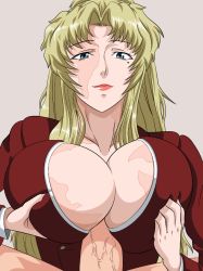 Rule 34 | 1girl, balalaika (black lagoon), black lagoon, blonde hair, blue eyes, breasts squeezed together, breasts, cleavage, clothed female nude male, deep skin, formal, huge breasts, huge penis, igatto, large breasts, lips, lipstick, long hair, makeup, mole, no bra, nude, paizuri, penis, pixiv sample, ponytail, scar, solo focus, suit, uncensored