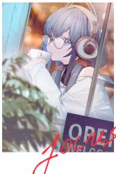 Rule 34 | 1girl, black hair, black shirt, blue eyes, blue hair, cafe, colored inner hair, cup, english text, glasses, hair between eyes, headphones, highres, holding, holding cup, jacket, long sleeves, looking at viewer, low twintails, multicolored hair, nijisanji, nishikikope, off shoulder, open sign, parted lips, plant, polaroid, ponto nei, shirt, sitting, sleeveless, sleeveless shirt, storefront, streaked hair, table, teacup, twintails, virtual youtuber, white jacket