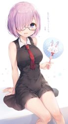 Rule 34 | 1girl, black dress, blush, breasts, character print, dress, fate/grand order, fate (series), fou (fate), hair over one eye, hand fan, hand up, highres, holding, holding fan, knees together feet apart, komeshiro kasu, large breasts, light purple hair, looking at viewer, mash kyrielight, necktie, open mouth, paper fan, parted lips, purple eyes, purple hair, red necktie, short dress, short hair, sitting, smile, solo, tareme, thighs, uchiwa