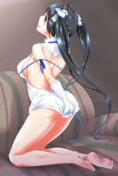 Rule 34 | 10s, 1girl, arm ribbon, backless dress, backless outfit, bare back, bare shoulders, barefoot, black hair, blue eyes, blush, bow, breasts, cleavage, cleavage cutout, clothes pull, clothing cutout, couch, covered erect nipples, dress, dress pull, dungeon ni deai wo motomeru no wa machigatteiru darou ka, feet, female focus, from behind, gloves, hair ornament, hair ribbon, hestia (danmachi), highres, kneeling, large breasts, loco 65 o1o1, long hair, looking at viewer, looking back, on couch, open mouth, rei no himo, ribbon, seiza, short dress, sideboob, sitting, sleeveless, sleeveless dress, smile, soles, solo, twintails, very long hair, white dress, white gloves
