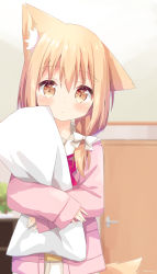 Rule 34 | 1girl, absurdres, animal ear fluff, animal ears, blurry, blurry background, blush, bow, closed mouth, commentary request, depth of field, door, hair between eyes, hair bow, hair over shoulder, highres, indoors, jacket, light brown hair, long hair, long sleeves, looking at viewer, miike-chan, nakkar, hugging object, open clothes, open jacket, original, pillow, pillow hug, pink jacket, pleated skirt, red bow, sailor collar, shirt, skirt, sleeves past wrists, solo, standing, tail, twitter username, white bow, white sailor collar, white skirt, yellow shirt