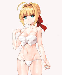 Rule 34 | 10s, 1girl, adapted costume, ahoge, bare shoulders, bikini, blonde hair, braid, breasts, cleavage, cowboy shot, fate/extra, fate (series), green eyes, hair ribbon, hip focus, navel, nero claudius (fate), nero claudius (fate) (all), nero claudius (fate/extra), red ribbon, ribbon, shovelwall, shovelwell, simple background, smile, solo, stomach, swimsuit, white bikini