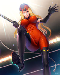 Rule 34 | 10s, 1girl, animal ear legwear, black gloves, black thighhighs, blonde hair, blue eyes, boots, cat ear legwear, elbow gloves, gloves, hat, high heel boots, high heels, lipstick, long hair, makeup, milcho, miss x (tiger mask), solo, thigh boots, thighhighs, tiger mask (series), tiger mask w, whip
