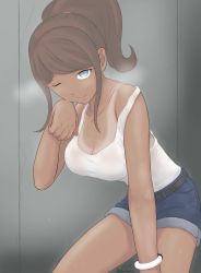 Rule 34 | 1girl, asahina aoi, belt, black belt, blue eyes, brown hair, danganronpa: trigger happy havoc, danganronpa (series), danganronpa 3 (anime), dark skin, denim, denim shorts, dripping, hand on own knee, highres, leaning forward, looking at viewer, one eye closed, ponytail, robotarm4erotica, see-through, shorts, sweat, tan, tank top, tanline, wet, wet clothes, white tank top, wiping face, wiping sweat