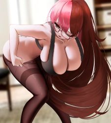 Rule 34 | 1girl, :d, ;d, ass, bent over, black sports bra, blush, breasts, cleavage, from behind, glasses, highres, large breasts, long hair, looking back, multicolored hair, neo politan, nicorima, one eye closed, open mouth, panties, pantyhose, rwby, smile, solo, sports bra, thighs, two-tone hair, underwear, undressing