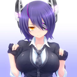 Rule 34 | 10s, 1girl, blush, breasts, cardigan, eyepatch, fingerless gloves, gloves, headgear, highres, kantai collection, large breasts, personification, purple hair, short hair, solo, sweatdrop, tenryuu (kancolle), upper body, watarui, yellow eyes