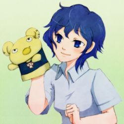 Rule 34 | 1girl, androgynous, artist request, atlus, blue eyes, blue hair, breasts, collared shirt, crossdressing, female focus, lowres, matching hair/eyes, persona, persona 4, puppet, reverse trap, shirogane naoto, shirt, short hair, small breasts, smile, solo, tatsumi kanji