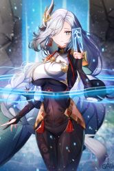 Rule 34 | 1girl, artist name, black bodysuit, blue eyes, blue nails, blurry, blurry background, bodysuit, braid, breasts, bridal gauntlets, closed mouth, commentary request, covered navel, cowboy shot, detached sleeves, earrings, expressionless, floating hair, gao kawa, genshin impact, hair ornament, hair over one eye, hand up, highres, hip vent, jewelry, kuji-in, large breasts, long hair, looking at viewer, low-braided long hair, low-tied long hair, nail polish, shenhe (genshin impact), single earring, solo, talisman, tassel, tassel earrings, thigh gap, very long hair, water, water drop, waterfall, white hair