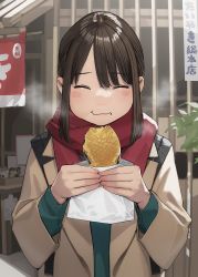 Rule 34 | 1girl, blush, blush stickers, brown coat, brown hair, closed eyes, closed mouth, coat, douki-chan (douki-chan), eating, fingernails, food, food on face, ganbare douki-chan, highres, holding, holding food, long sleeves, outdoors, parted bangs, red scarf, scarf, short hair, sidelocks, smile, solo, yomu (sgt epper)