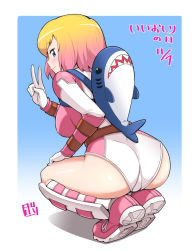 Rule 34 | 1girl, animal bag, animification, ass, belt, blonde hair, blue eyes, blush, bowieknife, breasts, closed mouth, commentary request, gradient hair, gwenpool, hand on own thigh, large breasts, leotard, looking at viewer, marvel, multicolored hair, pink hair, pink leotard, shark bag, short hair, smile, solo, squatting, superhero costume, translation request, two-tone hair, v