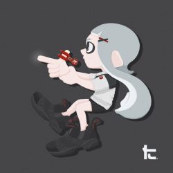 Rule 34 | 1girl, bike shorts, black eyes, black footwear, black shirt, black shorts, clothes pin, finger gun, from side, full body, grey background, grey hair, hair ornament, hairclip, hand on own wrist, highres, inkling, inkling girl, inkling player character, long hair, nintendo, no lineart, pointy ears, shirt, shoes, short sleeves, shorts, silhouette, solo, splatoon (series), sprikasan, suction cups, tentacle hair, toni kensa (splatoon), two-tone shirt, white shirt
