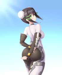 Rule 34 | 1girl, arm guards, arms behind back, ass, back, black bodysuit, black gloves, black hair, blue sky, blush, bodysuit, bracelet, breasts, bun cover, closed mouth, croodle, day, double bun, elbow gloves, fate/grand order, fate (series), fingerless gloves, gloves, green eyes, green ribbon, hair bun, highres, jewelry, large breasts, looking at viewer, looking back, qin liangyu (fate), ribbon, sidelocks, sky, smile, thighs, white bodysuit