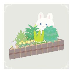 Rule 34 | :&gt;, ayu (mog), blue eyes, border, caterpillar, daisy, flower, grass, grey background, looking at viewer, mouse (animal), no humans, original, rabbit, signature, smile, white border, white flower, yellow flower
