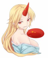 Rule 34 | 1girl, blonde hair, breasts, cup, from side, holding, horns, hoshiguma yuugi, large breasts, leaf print, long hair, looking at viewer, miyo (ranthath), off shoulder, open mouth, orange eyes, pointy ears, sakazuki, sideboob, simple background, single horn, solo, star (symbol), touhou, upper body, white background