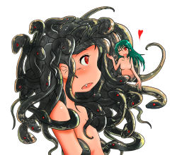 Rule 34 | 2girls, :d, breasts, fang, flat chest, heart, lamia, monster girl, multiple girls, no nipples, one eye closed, open mouth, original, profile, red eyes, seirei, seirei (mimi toka), simple background, snake, snake hair, white background