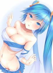 Rule 34 | 1girl, aqua eyes, aqua hair, arms up, blonde hair, blush, breasts, cheerleader, cleavage, collarbone, dutch angle, hip focus, kiseno, large breasts, league of legends, long hair, looking at viewer, midriff, navel, open mouth, out of frame, skirt, sona (league of legends), stomach, twintails