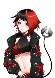 Rule 34 | 1girl, absurdres, black hair, black jacket, black nails, black sports bra, blue eyes, blush, breasts, chain, commentary, cropped jacket, demon girl, demon horns, demon tail, ear chain, ear piercing, english commentary, highres, horns, jacket, looking at viewer, medium breasts, midriff, multicolored hair, nail polish, nanashi inc., navel, open clothes, open jacket, pendramon, piercing, pointy ears, red hair, red sports bra, ryugasaki rene, ryugasaki rene (1st costume), short hair, simple background, solo, sports bra, sugar lyric, tail, textless version, two-tone hair, underboob, upper body, virtual youtuber, white background, zipper