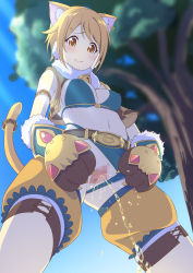 Rule 34 | 1girl, animal ears, animal tail, behind tree, blonde hair, breasts, censored, gloves, highres, hiyori (princess connect!), medium breasts, nipples visible through clothing, outdoors, panties, panty pull, paw gloves, paws, peeing, princess connect!, princess connect! re:dive, pussy, sakamata, solo, spread pussy, standing, underwear, yellow eyes