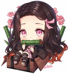 Rule 34 | 1girl, artist name, bamboo, big head, bit gag, black hair, black legwear, brown footwear, brown hair, checkered sash, chibi, commentary, english commentary, fingernails, flower, forehead, full body, gag, hair ribbon, hands up, hitsukuya, in container, japanese clothes, kamado nezuko, kimetsu no yaiba, kimono, long hair, long sleeves, looking at viewer, mouth hold, multicolored hair, nail polish, obi, open clothes, parted bangs, pink eyes, pink flower, pink kimono, pink nails, pink ribbon, ribbon, sandals, sash, sharp fingernails, shoe soles, signature, simple background, solo, two-tone hair, very long hair, white background, white legwear, wide sleeves