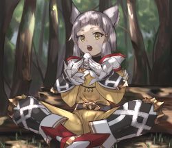 Rule 34 | 1girl, :o, animal ears, bodysuit, cat ears, facial mark, food, forest, gloves, grass, grey hair, hair ribbon, holding, holding food, hood, hood down, indian style, log, long sleeves, looking at viewer, maachi (fsam4547), nature, nia (xenoblade), nintendo, onigiri, open mouth, outdoors, ribbed bodysuit, ribbon, short hair, sitting, solo, teeth, tree, turtleneck, white gloves, xenoblade chronicles (series), xenoblade chronicles 2, yellow bodysuit, yellow eyes, yellow ribbon