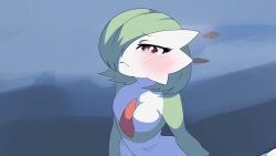 Rule 34 | 1girl, :&lt;, arms at sides, blue background, blush, bob cut, breasts, closed mouth, colored skin, creatures (company), female focus, from above, game freak, gardevoir, gen 3 pokemon, grapeanime, green hair, green skin, hair over one eye, highres, looking up, multicolored skin, nintendo, one eye covered, partially submerged, pokemon, pokemon (creature), pokemon legends: arceus, red eyes, sad, short hair, small breasts, solo, tears, two-tone skin, upper body, water, white skin