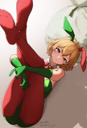 Rule 34 | 1girl, absurdres, alternate costume, animal ears, bandaid, bow, bowtie, breasts, christmas, closed mouth, dated, detached collar, elbow gloves, fake animal ears, gloves, green gloves, green leotard, highres, hugging own legs, kantai collection, legs, legs up, leotard, light brown hair, looking at viewer, lying, medium breasts, no shoes, oboro (kancolle), on back, orange eyes, pantyhose, playboy bunny, rabbit ears, red bow, red bowtie, red pantyhose, sack, shadow, short hair, simple background, soles, solo, toes, twitter username, umibudou