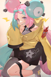Rule 34 | 1girl, absurdres, bare shoulders, black shorts, blue hair, blush, bow-shaped hair, breasts, character hair ornament, creatures (company), game freak, gen 4 pokemon, grey eyes, grin, hair ornament, highres, iono (pokemon), jacket, light blue hair, long hair, long sleeves, looking at viewer, low twintails, multicolored hair, nintendo, pink hair, pokemon, pokemon sv, rotom, rotom phone, sharp teeth, shorts, sleeves past fingers, sleeves past wrists, small breasts, smile, solo, split-color hair, teeth, tsuiru, twintails, yellow jacket