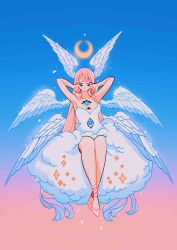 Rule 34 | 1girl, absurdres, armpits, arms behind head, bare legs, blue background, crescent moon, dress, extra eyes, gradient background, highres, meyoco, moon, multiple wings, no nose, original, parted lips, pink background, pink footwear, shadow, shoes, solo, strapless, strapless dress, white dress, wings