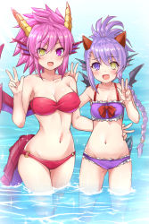 Rule 34 | 2girls, :d, asymmetrical bangs, asymmetrical hair, bare arms, bare shoulders, bikini, black wings, blush, bow, braid, breasts, cleavage, collarbone, covered erect nipples, day, double w, dragon girl, dragon horns, fins, frilled bikini, frills, groin, hair between eyes, hand up, head fins, heterochromia, highres, horns, large breasts, legs together, long hair, looking at viewer, medium breasts, multiple girls, navel, o-ring, o-ring bikini, o-ring bottom, open mouth, pink eyes, pink hair, purple bikini, purple eyes, purple hair, puzzle &amp; dragons, red bikini, red bow, red wings, samoore, sheena (p&amp;d), side braid, smile, sonia (p&amp;d), sparkle, spiked hair, standing, stomach, strapless, strapless bikini, swimsuit, tail, tsurime, w, wading, water, wings, yellow eyes