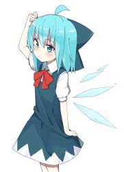 Rule 34 | 1girl, ahoge, blue bow, blue dress, blue eyes, blue hair, blush, bow, bowtie, cirno, closed mouth, commentary request, dress, dress grab, expressionless, hair bow, highres, ice, ice wings, kae karee, looking at viewer, puffy short sleeves, puffy sleeves, red bow, scratching head, shirt, short hair, short sleeves, sidelocks, sleeveless, sleeveless dress, solo, touhou, white shirt, wings