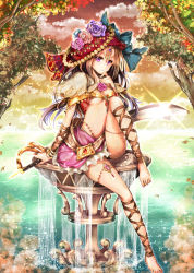 Rule 34 | 10s, ankle lace-up, anklet, barefoot, breasts, chain chronicle, cross-laced footwear, fantasy, flower, fountain, headdress, jewelry, nature, original, rose, sitting, solo, sword, takeda hotaru, tree, underboob, weapon