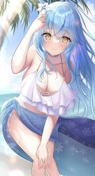 Rule 34 | 1girl, bare shoulders, beach, bikini, blue hair, blue sarong, blush, breasts, cleavage, closed mouth, cloud, collarbone, colored tips, day, elf, flower, frilled bikini, frills, hair between eyes, hair flower, hair ornament, halterneck, hand in own hair, highres, hololive, large breasts, light rays, long hair, looking at viewer, multicolored hair, ocean, onabe no shime, outdoors, pointy ears, sarong, sky, smile, solo, streaked hair, sunbeam, sunlight, swimsuit, thighs, virtual youtuber, water, white bikini, yellow eyes, yukihana lamy