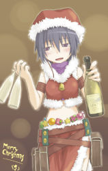 Rule 34 | 1girl, alcohol, black hair, charme (recettear), christmas, cup, drinking glass, drunk, gift, merry christmas, midriff, purple eyes, purple hair, recettear, santa costume, short hair, side slit, solo, wine, wine glass
