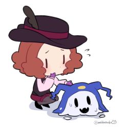 Rule 34 | 10s, 1girl, black pantyhose, blush, brown hair, chibi, commentary request, do m kaeru, gloves, hat, hat feather, jack frost (megami tensei), melting, okumura haru, pantyhose, persona, persona 5, purple gloves, short hair, sweatdrop, twitter username, | |