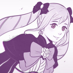 Rule 34 | 1girl, artist name, bow, bowtie, breasts, capelet, close-up, earrings, elise (fire emblem), female focus, fire emblem, fire emblem fates, flower, hair bow, jewelry, koyorin, lips, long hair, looking at viewer, monochrome, multicolored hair, nintendo, parted lips, portrait, purple eyes, rose, simple background, smile, solo, streaked hair, tareme, twintails, upper body, very long hair, watermark, web address, white background