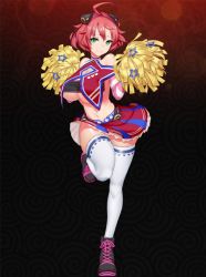 Rule 34 | 1girl, blue eyes, breasts, cheerleader, female focus, full body, green eyes, hair ornament, jessie (project qt), large breasts, looking at viewer, official art, pom pom (cheerleading), project qt, qtenka, red hair, simple background, skin tight, smile, solo, standing, standing on one leg, star (symbol), tagme, white legwear