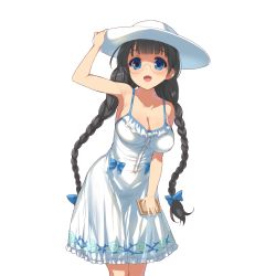 Rule 34 | 1girl, :d, arm up, armpits, bare shoulders, black hair, blue bow, blue eyes, blunt bangs, blush, book, bow, braid, breasts, center frills, cleavage, collarbone, dress, floral print, frilled dress, frills, glasses, hair bow, hand on headwear, happy, hat, highres, holding, holding book, kusaka souji, large breasts, leaning forward, legs together, long hair, looking at viewer, nail polish, official art, open mouth, pink nails, rimless eyewear, roomy powan, rose print, semi-rimless eyewear, sideboob, smile, solo, spaghetti strap, sun hat, sundress, transparent background, twin braids, twintails, uchi no hime-sama ga ichiban kawaii, under-rim eyewear, very long hair, white dress, white hat