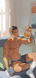 Rule 34 | 1boy, abs, absurdres, artist name, bag, bara, black hair, black male underwear, boxer briefs, bulge, collarbone, commentary request, couch, curtains, food, headband, highres, holding, holding bag, holding food, indian style, indoors, leg hair, maize-sausage, male focus, male underwear, navel, navel hair, nipples, notice lines, on couch, original, painting (object), parted lips, pectorals, pillow, print headband, purple eyes, raised eyebrow, red headband, shade, short hair, sitting, socks, solo, spiked hair, sunlight, thick eyebrows, toned, toned male, underwear, underwear only, white socks