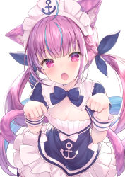Rule 34 | 1girl, :o, anchor, anchor symbol, animal ear fluff, animal ears, blue bow, blue dress, blue hair, blue ribbon, blush, bow, braid, breasts, cat ears, cat girl, cat tail, cleavage, colored inner hair, commentary request, dress, fang, frilled dress, frills, hair ribbon, hands up, hololive, kemonomimi mode, long hair, looking at viewer, maid headdress, medium breasts, minato aqua, minato aqua (1st costume), multicolored hair, open mouth, paw pose, pink hair, purple eyes, ribbon, simple background, solo, tail, topia, twintails, two-tone hair, very long hair, virtual youtuber, white background