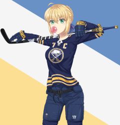 Rule 34 | 1girl, adapted weapon, ahoge, alternate costume, arms up, artoria pendragon (all), artoria pendragon (fate), belt, blonde hair, blue gloves, blue ribbon, blue shirt, breasts, buffalo sabres, character name, cowboy shot, exca, excalibur (fate/stay night), fate/stay night, fate (series), gardavwar, gloves, gold trim, green eyes, hair ribbon, highres, hockey gloves, hockey stick, hockey sweater, hockeyy jersey, jersey, logo, looking at viewer, medium breasts, name connection, national hockey league, padded gloves, padded pants, ribbon, saber (fate), shirt, sidelocks, simple background, solo, striped, striped background, untucked shirt, weapon across shoulders