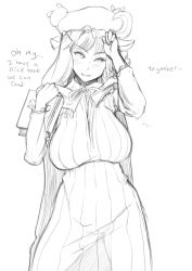 Rule 34 | 1girl, blush, book, breasts, cloak, crescent, dress, english text, greyscale, hat, highres, holding, holding book, large breasts, long hair, looking at viewer, maydrawfag, monochrome, patchouli knowledge, sagging breasts, see-through, sketch, solo, striped, touhou, vertical stripes