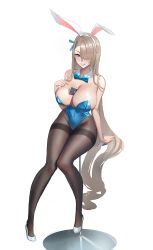 Rule 34 | 1girl, animal ears, aqua ribbon, asuna (blue archive), asuna (bunny) (blue archive), asymmetrical bangs, between breasts, blue archive, blue bow, blue bowtie, blue eyes, blue leotard, blush, bow, bowtie, breasts, brown pantyhose, card, card between breasts, cleavage, covered navel, detached collar, fake animal ears, full body, hair between eyes, hair over one eye, hair ribbon, hairband, hand on own chest, high heels, highleg, highleg leotard, highres, knees together feet apart, large breasts, leotard, light brown hair, lips, long hair, looking at viewer, mole, mole on breast, nianyuguai, pantyhose, parted lips, playboy bunny, rabbit ears, ribbon, simple background, sitting, smile, solo, strapless, strapless leotard, swept bangs, table, thighband pantyhose, traditional bowtie, very long hair, white background, white footwear, white hairband, wing collar