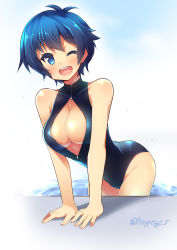 Rule 34 | 1girl, ;d, arm support, bare shoulders, blue hair, blush, breasts, cleavage, cleavage cutout, clothing cutout, female focus, front zipper swimsuit, highres, hoppege, kamishiro sui, large breasts, looking at viewer, meme attire, one-piece swimsuit, one eye closed, open mouth, short hair, smile, solo, swimsuit, tokyo 7th sisters