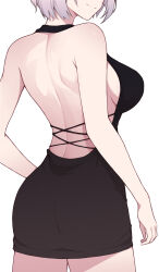 Rule 34 | 1girl, absurdres, backless dress, backless outfit, black dress, breasts, closed mouth, dress, from behind, grey hair, halter dress, halterneck, highres, hitozche, hololive, hololive indonesia, large breasts, median furrow, pavolia reine, short hair, shoulder blades, sideboob, simple background, smile, solo, split mouth, virtual youtuber, white background